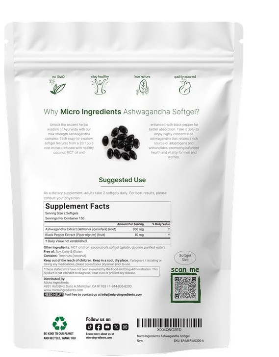 Micro Ingredients Ashwagandha Supplements | 300 Coconut MCT Oil Softgels with Black Pepper for Better Absorption | Potent Root Extract | Non-GMO