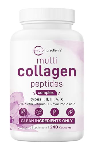 Micro Ingredients Multi Collagen Pills for Women & Men, 240 Capsules | Type I, II, III, V, X | Hydrolyzed Peptides with Biotin, Hyaluronic Acid, & Fa