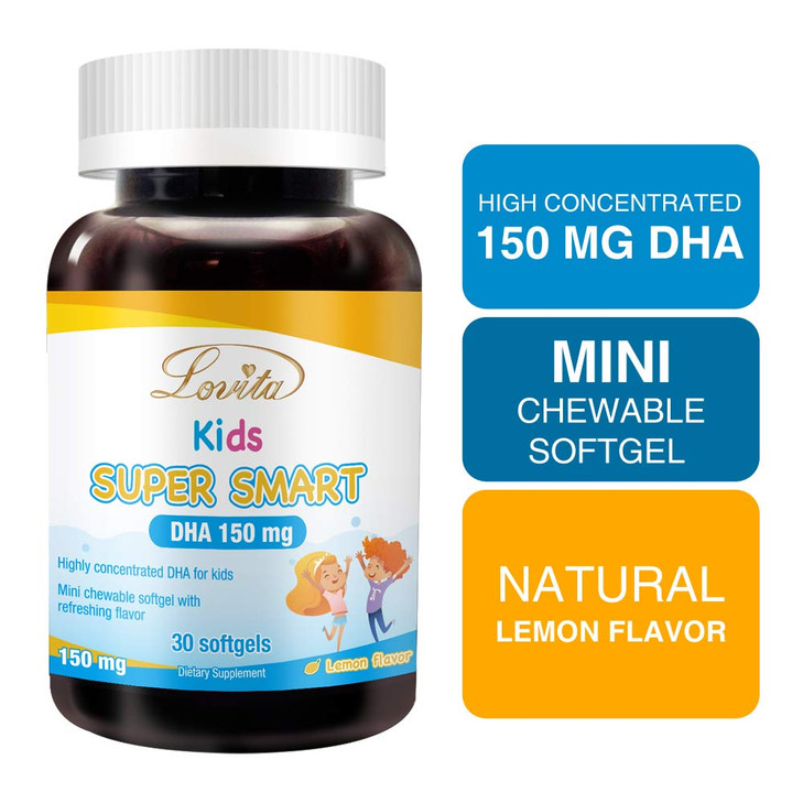 Lovita Kids Super Smart DHA, 150mg DHA and 30mg EPA of Omega 3 Fatty Acids, Supports Brain Health, Natural Lemon Flavor, 30 Chewable Softgels