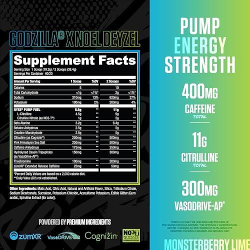 RYSE Godzilla X Noel Deyzel Pre Workout Powder - Monsterberry Lime - 400mg Caffeine, High Stim Pre-Workout for Men & Women with Citrulline & Beta Ala