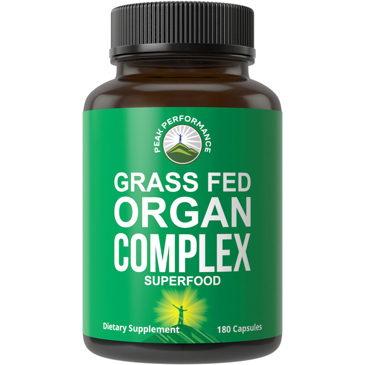 Peak Performance Grass Fed Beef Organ Complex from New Zealand (180 Capsules) Desiccated Organs Superfood Pills. GrassFed Beef Liver Capsules with He