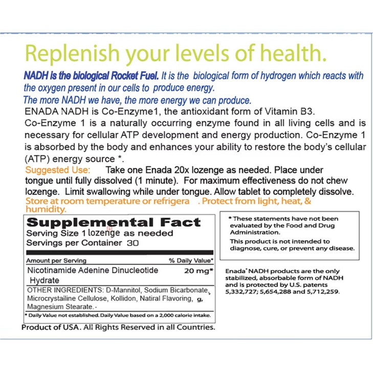 ENADA 20 x NADH Supplement | Boost Energy, Mental Focus, Stamina | Support Fatigue, Cell Regenerator | 20mg NADH 30 Lozenges (1 per serving) | Natura