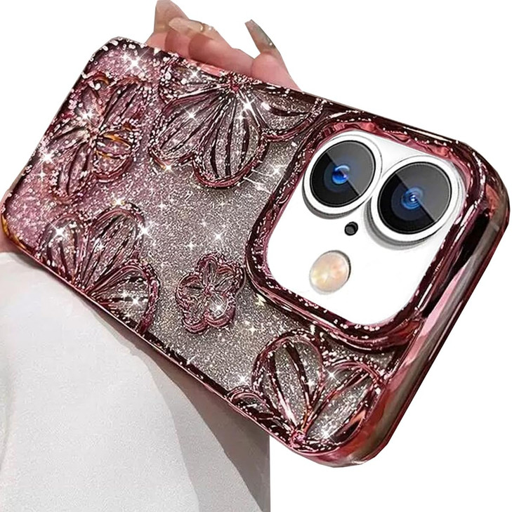 Changjia Glitter 3D Flower Case for iPhone 16 Plus,Cute Luxury Floral Design with Gradient Bling Sparkly Paper TPU Plating Bumper Clear Shockproof Wo