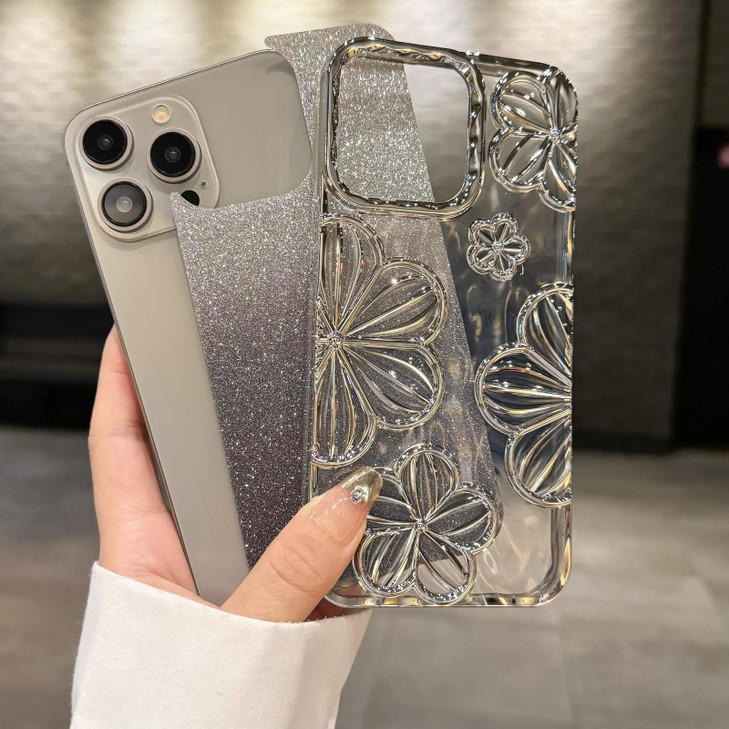 Changjia Glitter 3D Flower Case for iPhone 16 Plus,Cute Luxury Floral Design with Gradient Bling Sparkly Paper TPU Plating Bumper Clear Shockproof Wo