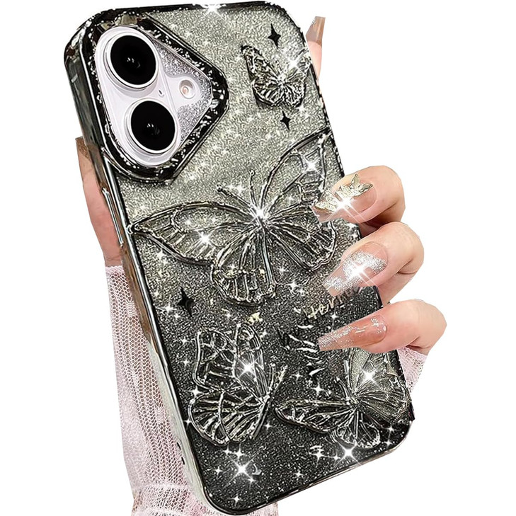 Changjia Glitter 3D Butterfly Case for iPhone 16 Plus,Cute Luxury Butterfly Design with Gradient Bling Sparkly Paper TPU Plating Bumper Clear Shockpr