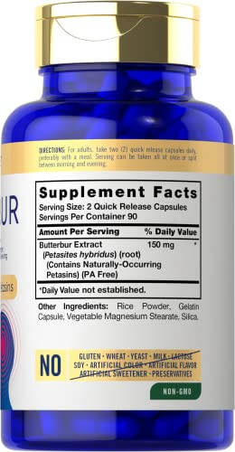 Carlyle Butterbur 150 mg | 180 Capsules | Potent Extract | Neurological Support Supplement | Non-GMO, Gluten Free, PA Free