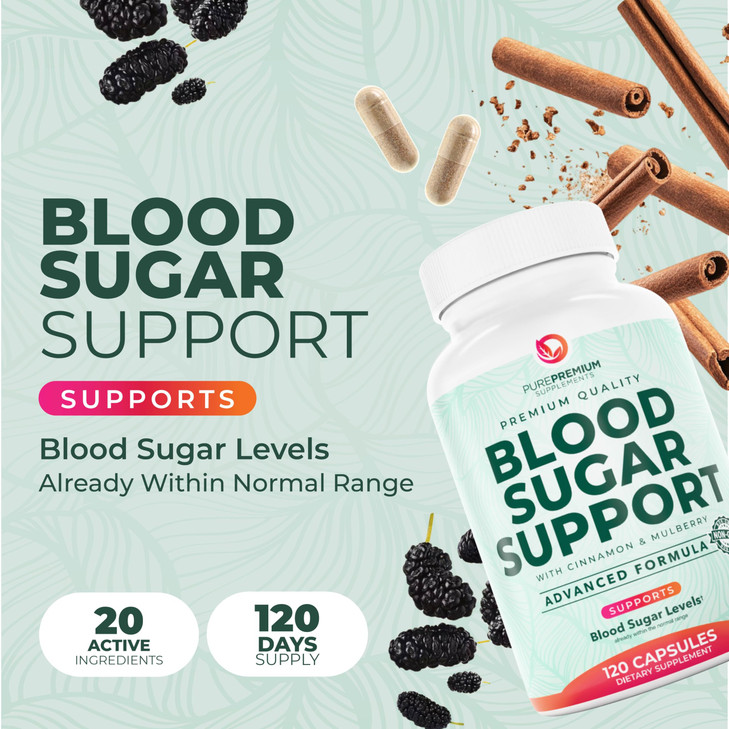 PurePremium Normal Blood Sugar Support Supplement - 20 Active Ingredients Complex to Support Blood Sugar Levels Already in The Normal Range - with Ci
