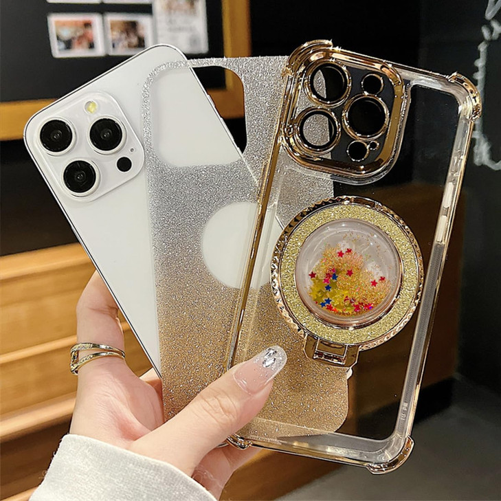 AuroiCCY for iPhone 16 Pro Max Bling KickStand Case, Girly Woman Glitter Floating Liquid Ring Holder with Camera Lens Protector Soft Cute Stand Shock