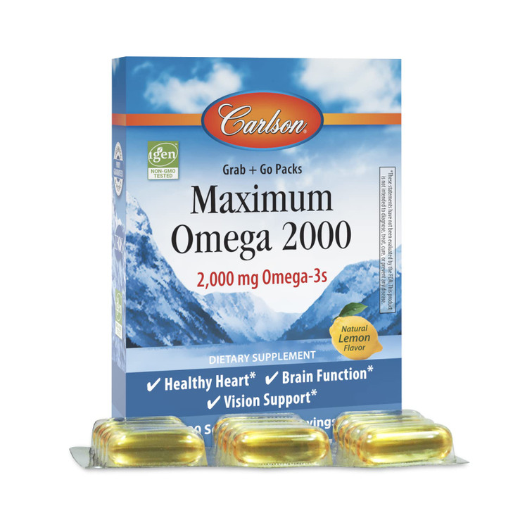 Carlson - Maximum Omega 2000 Grab + Go Packs, 2000 mg Omega-3s, Wild-Caught, Norwegian Fish Oil Supplement, Sustainably Sourced Fish Oil Capsules, Le