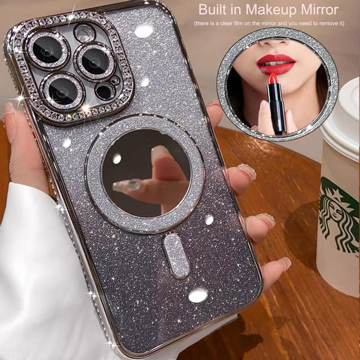 for iPhone 16 Pro Max Magnetic Case, [Compatible with Magsafe] Shockproof Glitter Makeup Mirror Diamond Camera Protector Sparkly Bling Girly Woman Cu