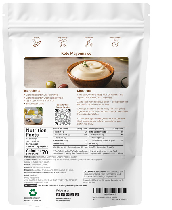 Micro Ingredients Organic MCT Oil Powder with Prebiotic Fiber,1 Pound (16 Ounce) | C8 MCT Oil for Coffee Creamer | No GMOs, Keto Diet, Vegan
