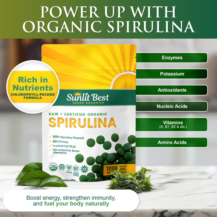 Sunlit Best - USDA Organic Spirulina Tablet - Natural Super Greens Supplements for Immune Support, Gut Health & Boost Energy Tablets with Chlorophyll