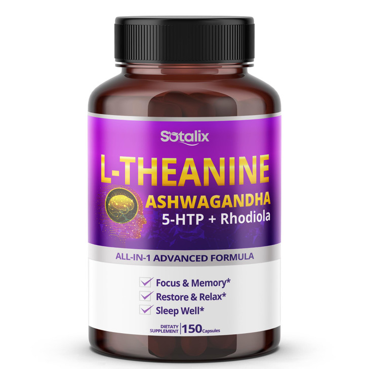 Sotalix L-Theanine Supplement with Ashwagandha 5-HTP + Rhodiola - Focus & Memory, Restore & Relax, Sleep Quality (150 Count (Pack of 1))