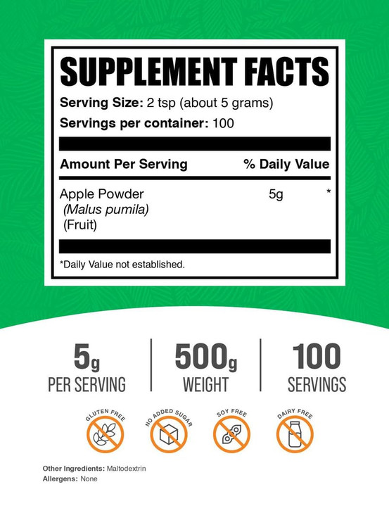 BulkSupplements.com Apple Powder - Apple Fruit Powder, Fiber Supplement for Digestive Support - Natural & Gluten Free, 5g per Serving, 500g (1.1 lbs)