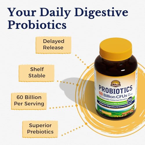 Vitalitown Probiotics + Prebiotics | 60 Billion CFUs 19 Strains | 60 Delayed Release Veg Caps | Shelf Stable, Prebiotics and Probiotics | Digestive H
