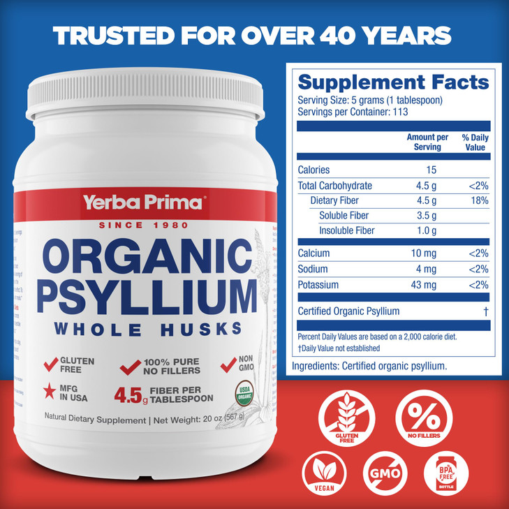 Yerba Prima Organic Psyllium Whole Husks Colon Cleanser - 20 oz - Natural Daily Dietary Fiber Supplement 20oz, Colon Cleanser, Regularity & Detox Cle