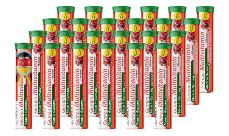 German Multvitamin + Minerals 10 Vitamins 2 Minerals - 480 Vegan Drink Effervescent Tablets - Pomegranate Flavor - Made in Germany
