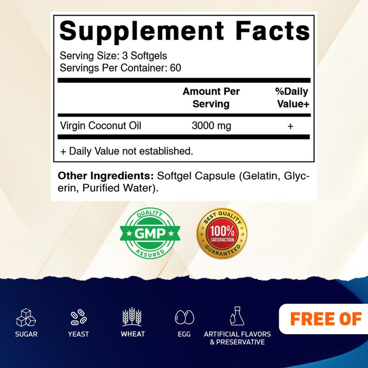 Vitamatic Virgin Coconut Oil Softgels, 3000 mg Per Serving, 60 Servings, 180 Count, Non-GMO, Gluten Free