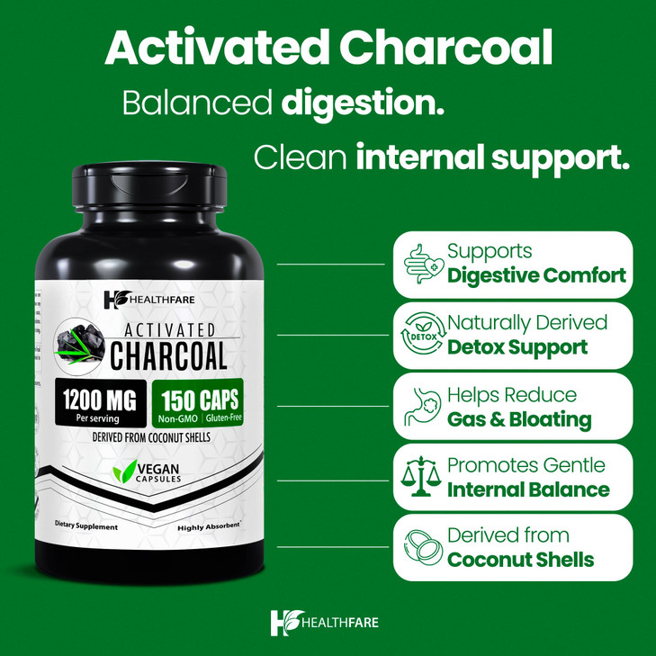 Healthfare Activated Charcoal Capsules 1200mg | 150 Veg Capsules (Pack of 2) | Derived from Coconut Shells | Highly Absorbent | Non-GMO | Made in The