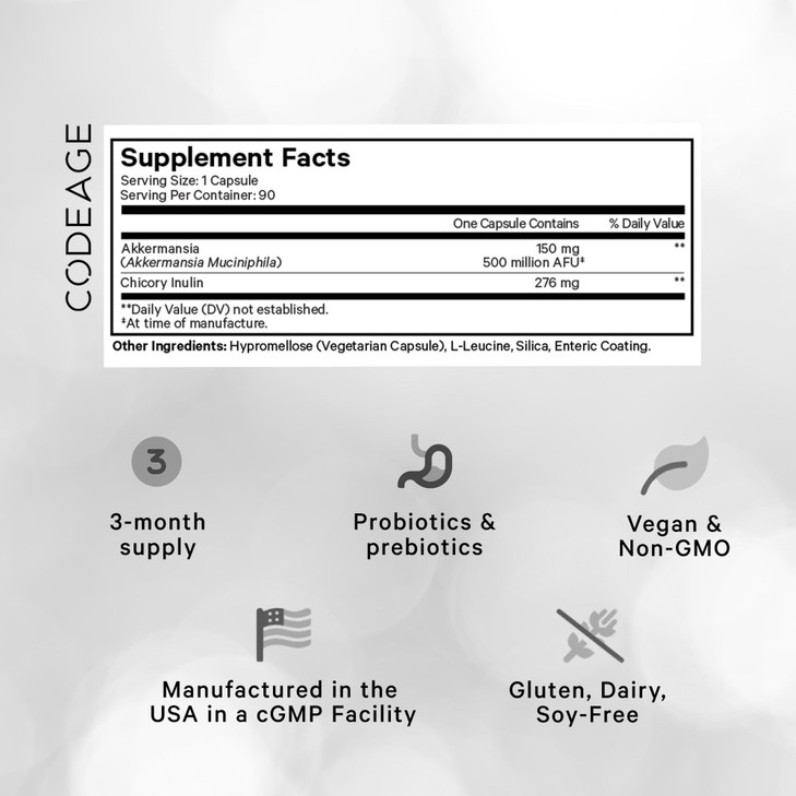 Codeage Akkermansia Muciniphila Probiotic Ultra - High-Potency 500M AFUs Akkermansia Probiotic Supplement - Enhanced Daily Probiotic & Prebiotic, Chi
