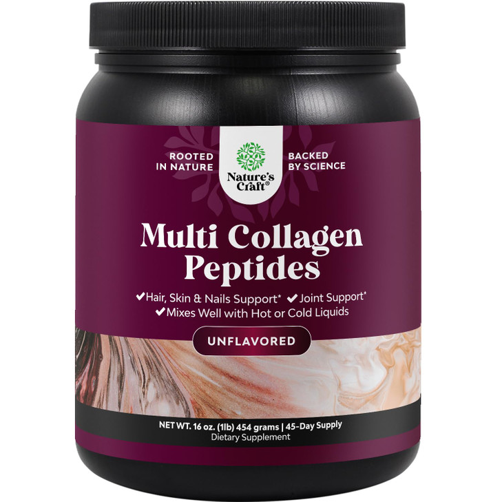 Natures Craft Multi Collagen Protein Powder for Women and Men - Keto Hydrolyzed Collagen Peptides 45 Servings Hair Skin and Nails Vitamins - Unflavor