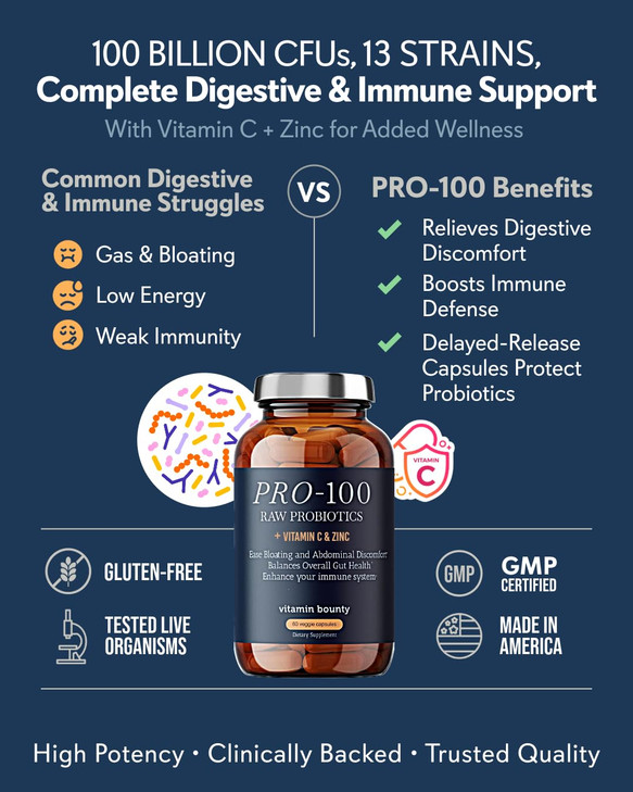 Vitamin Bounty Pro-100 Probiotic 100 Billion CFU - 13 Strains for Digestive Health & Immune Support - High Potency Probiotics for Women & Men - Delay