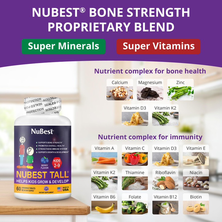 NuBest Tall Kids - Multivitamins & Minerals for Age 2 to 9 - Bone Strength & Immunity Support - Helps Kids, Toddlers Healthy - Animal Shapes - 120 Ch