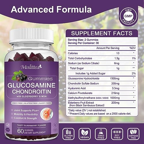 Mulittea Glucosamine Chondroitin Gummies - Extra Strength Joint Support Supplement with MSM & Elderberry for Natural Joint, Antioxidant Immune Suppor