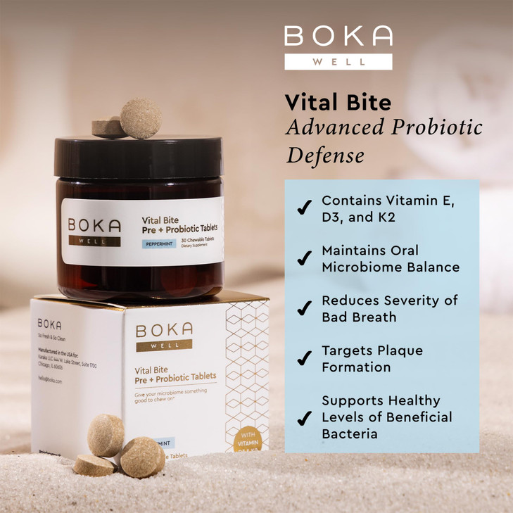 Boka Vital Bite Oral Pre + Probiotics - Sugar-Free Nut-Free Chewable Dental Probiotics for Teeth and Gums with BLIS K12, Vitamin D3 K2 for Men Women,