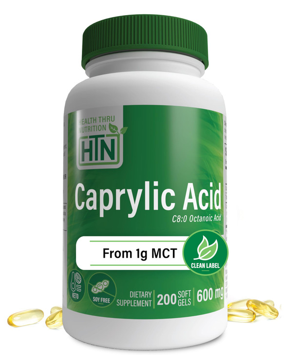 Health Thru Nutrition Caprylic Acid 600mg 200 Softgels | C8 Octanoic Acid from Pure 1g MCT Oil | Non-GMO & Soy Free | Support Healthy Digestive and I