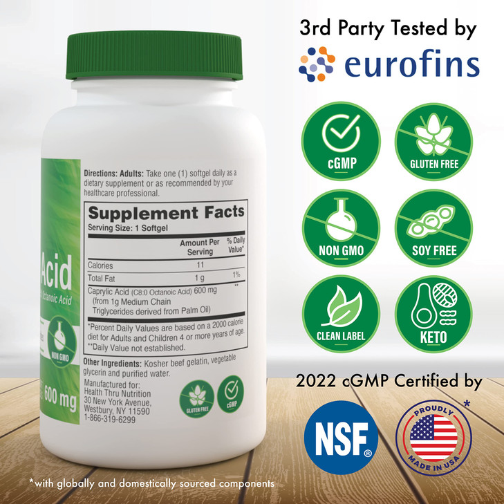 Health Thru Nutrition Caprylic Acid 600mg 200 Softgels | C8 Octanoic Acid from Pure 1g MCT Oil | Non-GMO & Soy Free | Support Healthy Digestive and I