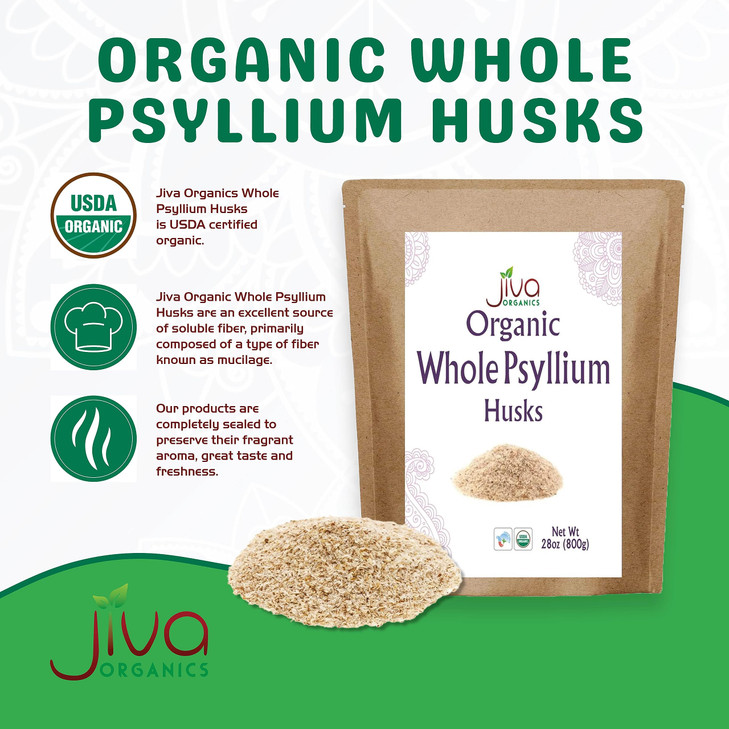 Jiva Organics Whole Psyllium Husk (Isabgol) 1.75 LB (28 Oz) Jumbo Bag - Non-GMO, Unflavored - Keto Friendly, Soluble Fiber
