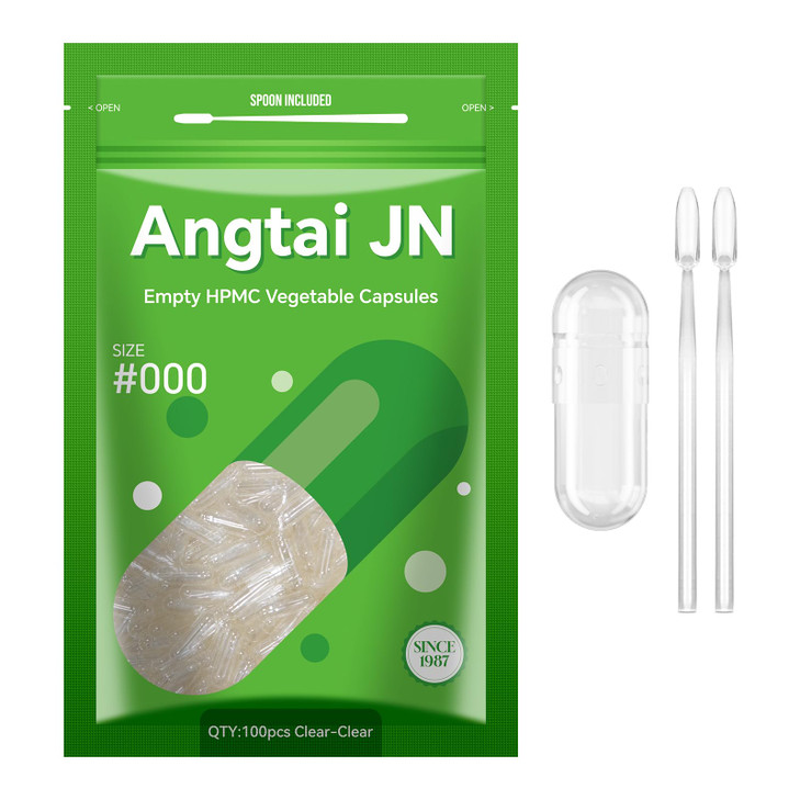 Angtai JN Capsules Size 000 Vegan Empty Plant Based Clear (100 Count) Gluten Free, Non-GMO, Halal Certified Pill Caps Filling Kit with 2 Spoons for V