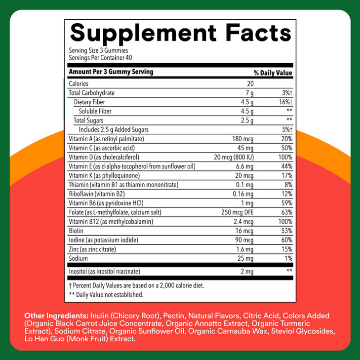 SmartyPants Kids Multivitamin & Fiber Gummies: Prebiotic Fiber to Support Kids Digestion with Vitamin D3, C, Vitamin B12, B6, A, Zinc, Biotin, Folate