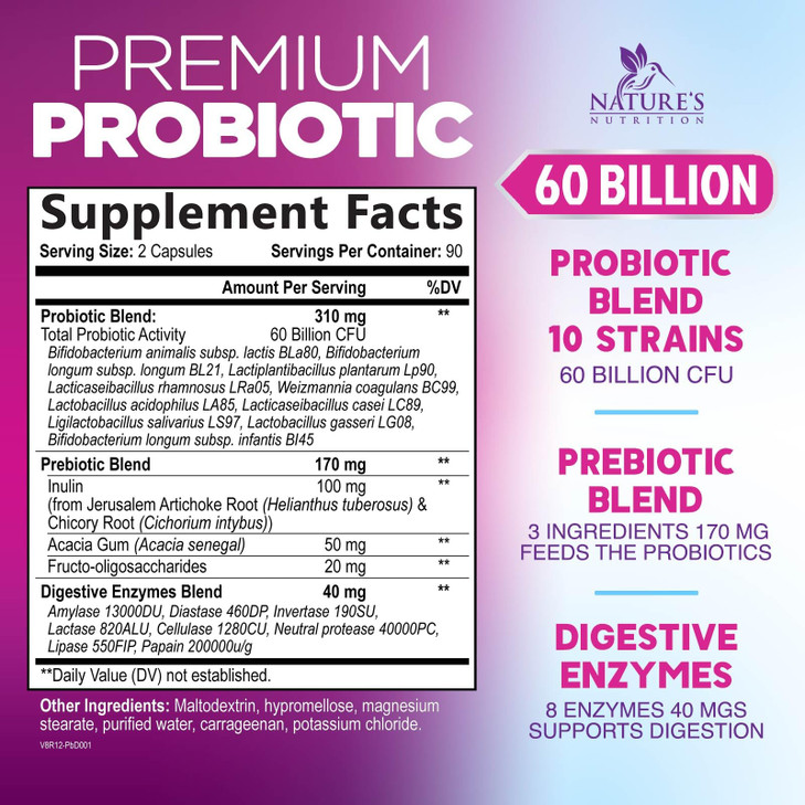 Probiotics 60 Billion CFU per Serving - 10 Strains + Prebiotics - Digestive Health, Gut & Immune Support - Supports Occasional Constipation, Gas & Bl
