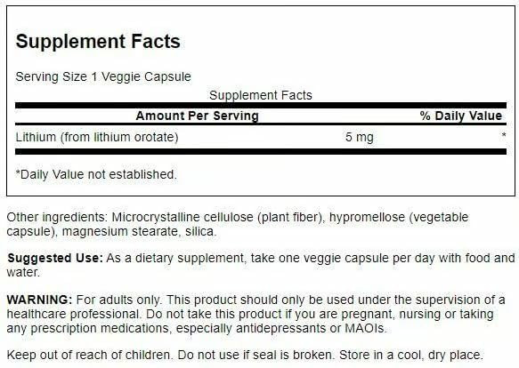 Swanson Lithium Orotate Antioxidant Mood Emotional Wellness Behavior Memory Support Supplement 5 mg 60 Veggie Capsules (Elemental Lithium) 4 Pack