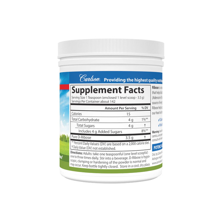 Carlson - Ribose, 100% Pure D-Ribose, Non-GMO, Energy Production, Muscle Recovery & Athletic Performance, 17.6 oz (500 g)