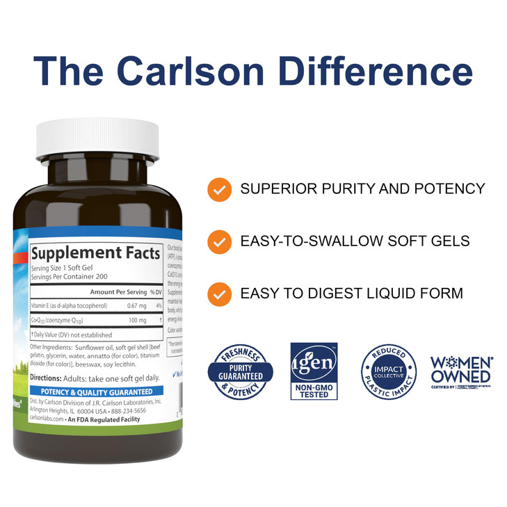 Carlson - Co-Q10, Co-Enzyme Q10, 100 mg, Energy Production & Heart Function, 200 Softgels