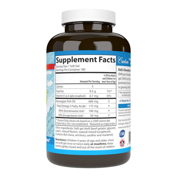 Carlson - Kid's Chewable DHA, 100 mg DHA, Brain Health, Vision Function, Growth & Development, Orange, 180 Chewable Softgels