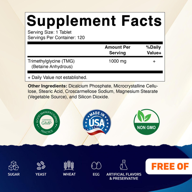 Vitamatic TMG Supplements 1000mg - Trimethylglycine - Betaine Anhydrous - 120 Tablets - 120 Servings - Non-GMO & Gluten Free (2 Bottles)