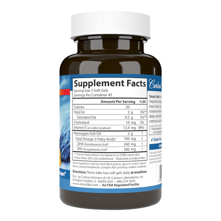 Carlson - Teen's Smart Catch, 700 mg Omega-3s, Cognitive Development, Brain Function & Vision Support, Lemon, 90 Softgels