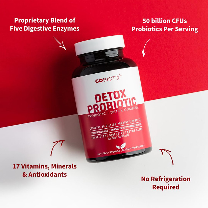 GOBIOTIX Detox Probiotic Supplement for Digestive Health - Milk Thistle, Turmeric, and Dandelion Root, Enzymes for Gut Health - 50 Billion CFU - 60 C