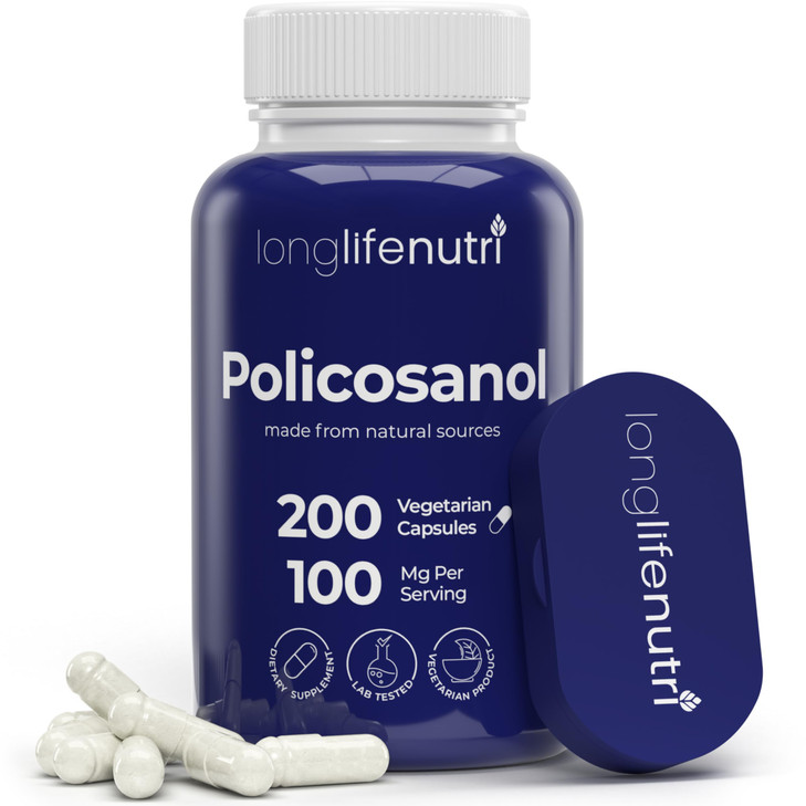 LongLifeNutri Policosanol 100mg - 200 Vegetarian Capsules, Natural Sugar Cane Supplement for Balanced Cholesterol, 3-Month Supply, Non-GMO, Lab Teste