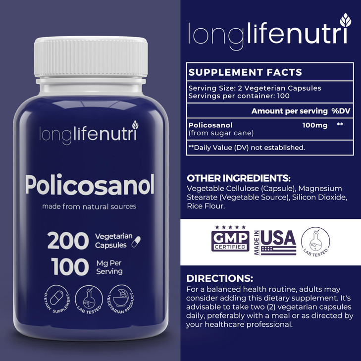 LongLifeNutri Policosanol 100mg - 200 Vegetarian Capsules, Natural Sugar Cane Supplement for Balanced Cholesterol, 3-Month Supply, Non-GMO, Lab Teste