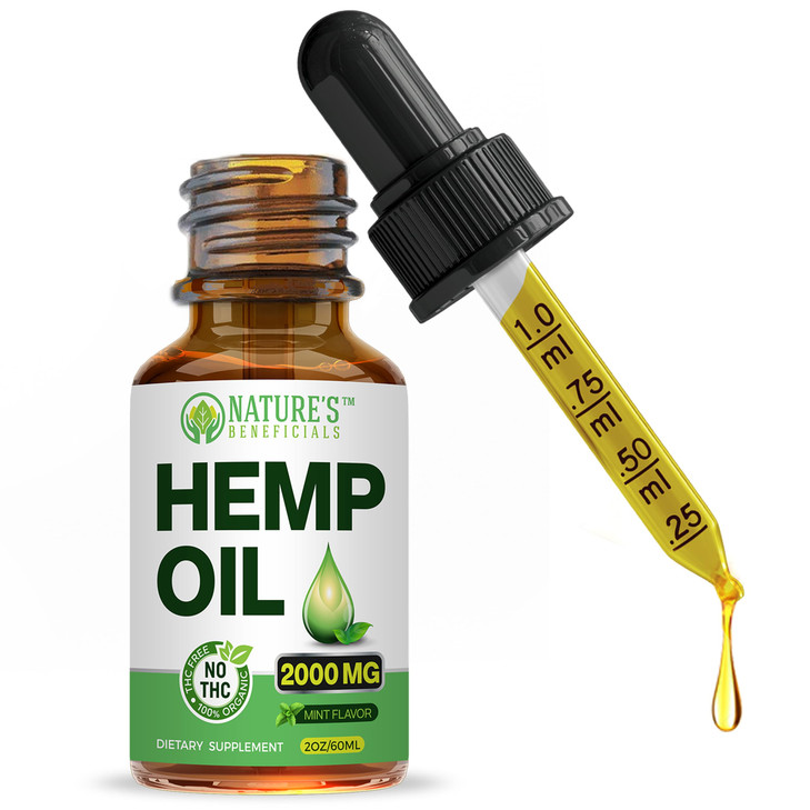 Nature's Beneficials Organic Hemp Oil Extract Drops, 2000mg - Omega Fatty Acids 3 6 9, Non-GMO Ultra-Pure CO2 Extracted