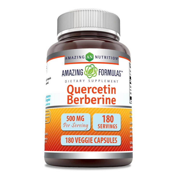 Amazing Formulas Quercetin Berberine - 250mg Berberine and 250mg Quercetin, 180 Veggie Capsules Supplement | Non-GMO | Gluten Free | Made in USA | Id
