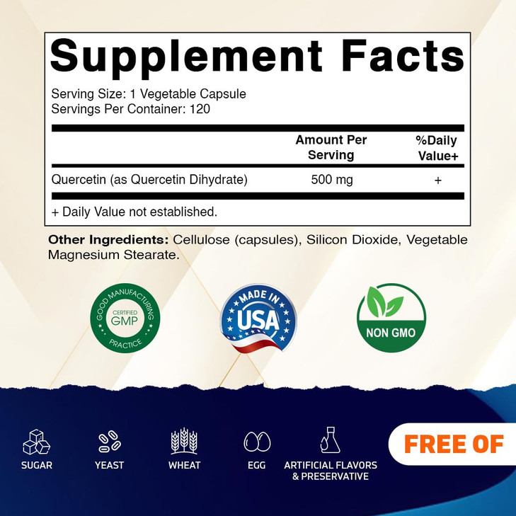 Vitamatic Quercetin 500 mg, 120 Vegetarian Capsules (Non-GMO, Gluten Free, Vegan) - Supports Cardiovascular Health