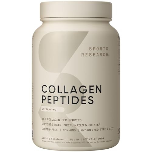 Sports Research Collagen Peptides - Hydrolyzed Type 1 & 3 Collagen Powder Protein Supplement for Healthy Skin, Nails, & Joints - Easy Mixing Vital Nu