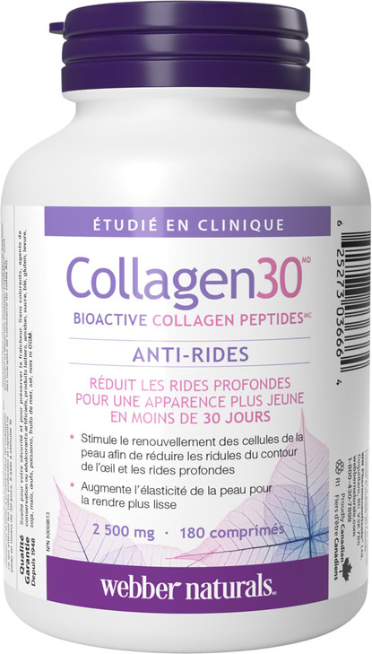 Webber Naturals Collagen30 Anti-Wrinkle, 2,500mg of Bioactive Collagen Peptides Per Serving, 180 Tablets, Helps Reduce Deep Wrinkles, Fine Lines & St