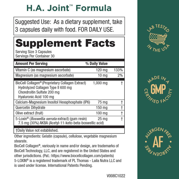 Purity Products HA Joint Formula Hyaluronic Acid + Key CoFactors - Joint + Skin Multi Collagen (Type I, II & III) - 5-Loxin - Olive Fruit Extract - J